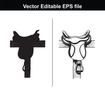 Western saddle silhouette and sketch on a wooden cross