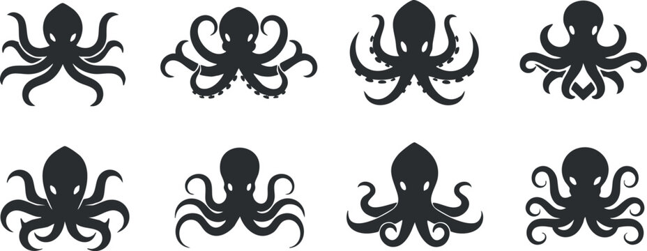 A collection of octopus silhouettes showcasing various designs and styles in black.