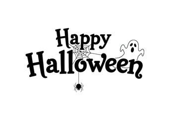 A playful and nice happy halloween text with spiderweb ghost and spider illustration on a simple transparent background