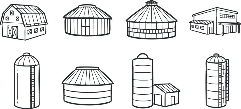 Collection of line art illustrations featuring various barns and silos in a rural setting.