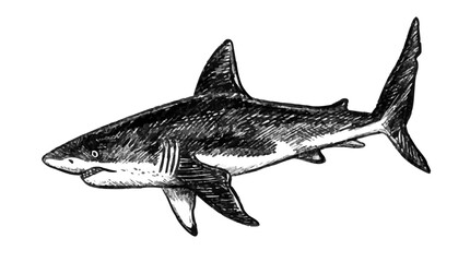 Great white shark sketch hand drawn with pencil textures outline. Black vector monochrome design inspired by marine wildlife. Perfect for logo design textile print tattoo drawing engraving and more.