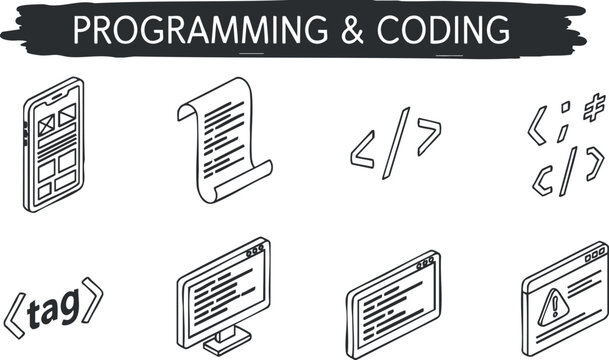 Illustration featuring programming and coding icons representing various aspects of software development.