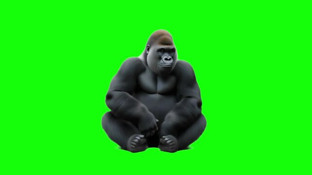 3D Realistic Western gorilla sit animation with front View on Green Screen, 4K Mountain gorilla sit and resting on Chroma Key. perfect for video editing, VFX, and creative cinematic projects