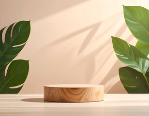 Wooden podium display with tropical leaves for product presentation and background