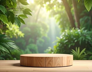 Wooden podium in lush green forest with sunlight and natural background
