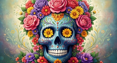 Blue sugar skull with sunflower eyes