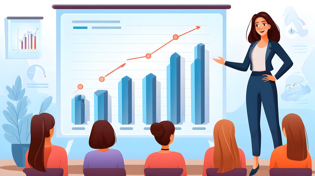 Businesswoman presenting positive growth chart to an attentive audience in a meeting room