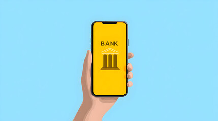 Hand holding smartphone with bank app icon on yellow screen against blue background