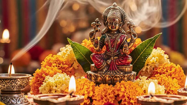 Lakshmi Goddess Worship with Diyas and Marigold Flowers during Hindu Festival Celebration. Video footage.