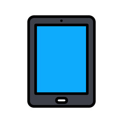 A tablet with a blue screen. The tablet is black and white. Vector. 