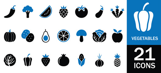 Vegetables icons Set. Mushrooms Carrots, Corn, Strawberries, and more. solid icons Vector