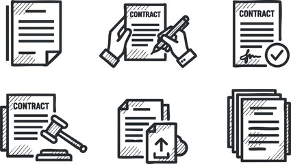 Naklejka premium Illustration of contracts and legal documents with hands signing and gavel representing agreements.
