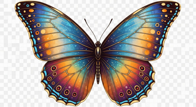 Beautiful butterfly with colorful wings in blue orange and purple watercolor style