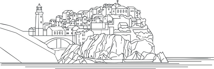 A monochrome outline drawing of a coastal village with a lighthouse on a cliff.