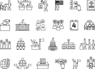Elections Icon Set. Vector Icons: Voting, Candidate, Opinion, Government, Debate, Campaign, President, Ballot, Democracy, Referendum, Protest, and More