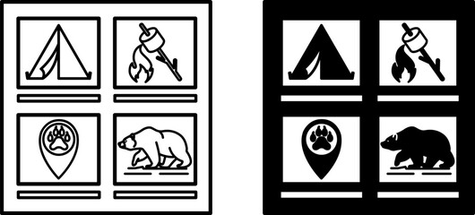 Storyboard Icons. Black and White Vector Illustrations. Camping Tent, Cooking on a Campfire, Geolocation Icon, Bear Paw, and Bear. Drawing Sequence for Film. Memory Love Concept