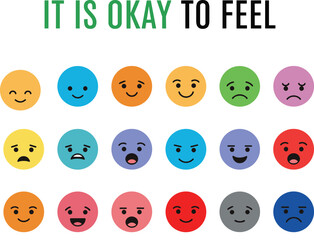 Cartoon emotion faces with “It Is Okay to Feel” text promoting emotional awareness and acceptance in educational illustration