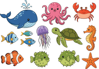 A fun vector cartoon set of sea animals like fish, octopus, turtle, dolphin, crab, and shark for your underwater illustration collection