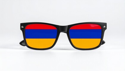 Black-framed sunglasses with lenses displaying Armenian