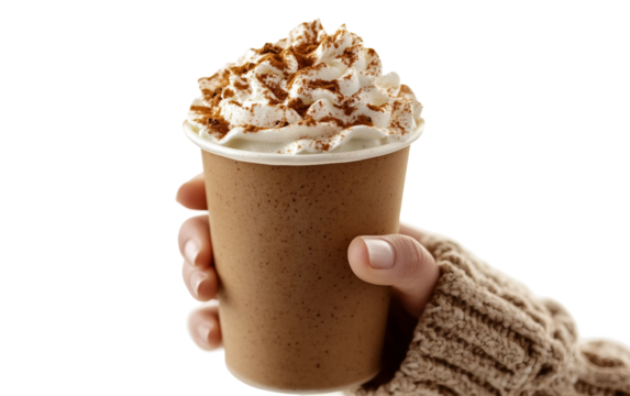 Cozy winter morning woman enjoying a steaming gingerbread latte with warmth and comfort isolated on transparent background PNG