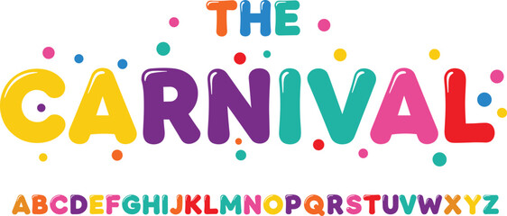 Colorful carnival-themed typography with decorative dots and full alphabet in vibrant uppercase letters on white background for festive design