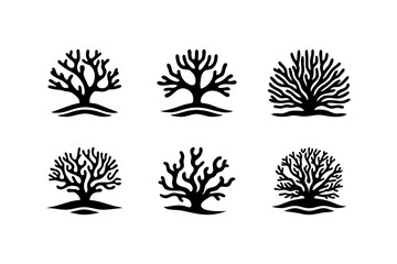 Set of Coral and Seaweed Graphic Icons Collection Isolated on Transparent Background.