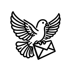 Flying Dove Logo Icon with Envelope Simple Line Art Isolated on Transparent Background.