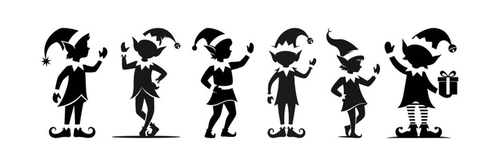 Christmas Elf Silhouette Set. A vector collection of Christmas elves in various poses with hats and pointy ears isolated on a transparent background.