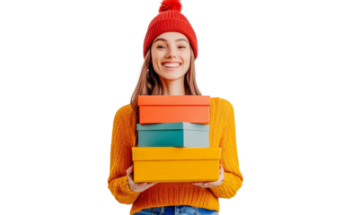 Woman holding a stack of shoeboxes and smiling while wearing stylish casual clothing after shopping isolated on transparent background PNG