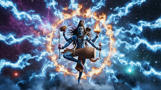 Lord Shiva Nataraja cosmic dance, divine power and Hindu mythology. Symbol of creation, destruction in a vibrant universe video footage.