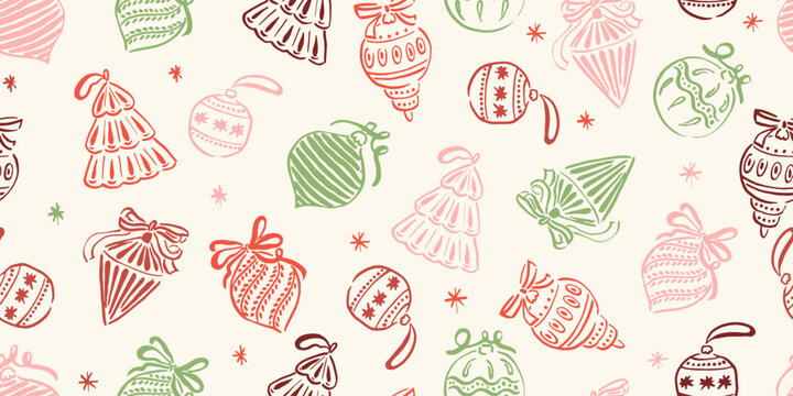 Seamless pattern with hand drawn baubles. Christmas, New Year endless wallpaper design. Retro vintage seamless background. Bauble swith ribbons, bows. 