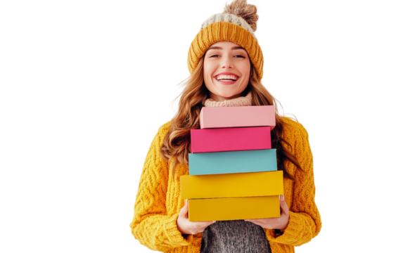 Happy female shopper carrying multiple shoeboxes showing satisfaction with new fashion purchases isolated on transparent background PNG