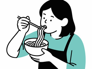 Simple illustration of a woman eating ramen. Icon. Line drawing. Line art. Hobby. Food. Meal. Instant. Noodles. Soba. Udon.