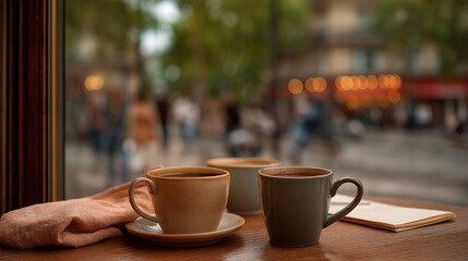 A couple, their hands brushing, shares coffee at a café, the table’s wood polished. Ceramic mugs, their handles worn, steam faintly, and a napkin, its fabric creased, lies folded. A window reflects