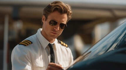 A pilot examining the fuel gauge and visually confirming fuel levels while checking for leaks, emphasizing careful preparation, procedural diligence, and safety-first aviation mindset. cinematic