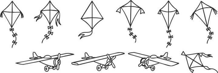 Collection of simple line art illustrations featuring various kites and airplanes for playful designs.