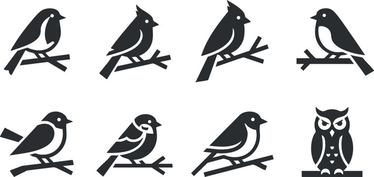 A collection of silhouettes of various birds perched on branches including an owl.