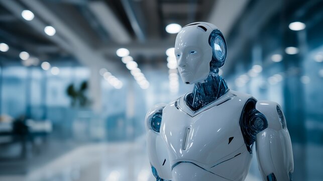 Highly realistic humanoid robot with soft synthetic skin walking through modern tech facility, symbolizing the future of robotics, emotional AI, and lifelike automation design. cinematic color