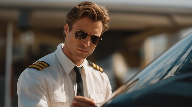 A pilot examining the fuel gauge and visually confirming fuel levels while checking for leaks, emphasizing careful preparation, procedural diligence, and safety-first aviation mindset. cinematic - Powered by Adobe