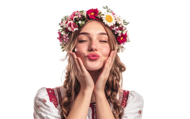 Naklejka premium Joyful woman in traditional Bavarian dress sending a playful kiss during Oktoberfest festivities isolated on transparent background PNG
