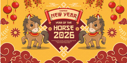 Chinese New Year 2026 With Cute Horse, Year Of The Horse, Greeting Card Or Banner Design, Vector Cartoon Illustration