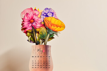 May calendar printed on vase with spring flowers