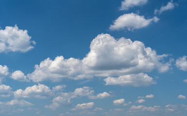 Blue Sky with White Clouds, Sunny Cloudy Sky Texture Background, Fluffy Clouds Pattern, Sunny Cumulus