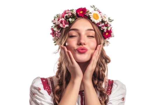 Joyful woman in traditional Bavarian dress sending a playful kiss during Oktoberfest festivities isolated on transparent background PNG - Powered by Adobe
