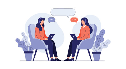 Fototapeta premium Two women wearing headphones and using laptops engage in an online virtual meeting or communication.