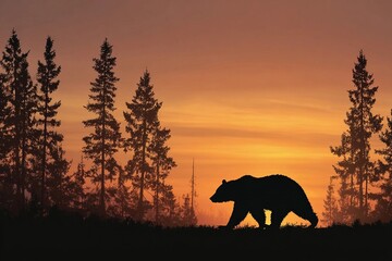 Bear walks peacefully through forest at sunset with vibrant sky in the background