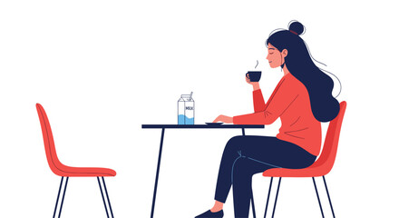 Fototapeta premium Woman enjoying a warm drink and milk while sitting at a table in a simple graphic style.