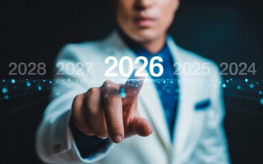 Business future planning concept, man touching future year, technology and innovation trend forecast