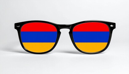 A pair of round black-rimmed eyeglasses with lenses displaying the Armenian flag