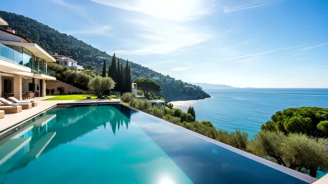 Luxurious villa overlooking serene coastline with infinity pool and lush greenery